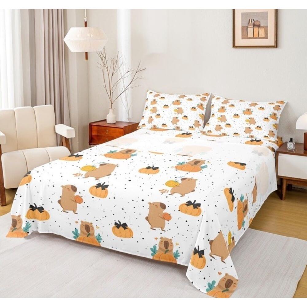 Erosebridal Coastal Capybara Sheet Set, Cute Orange Pumpkin Lantern Bed Twin S9